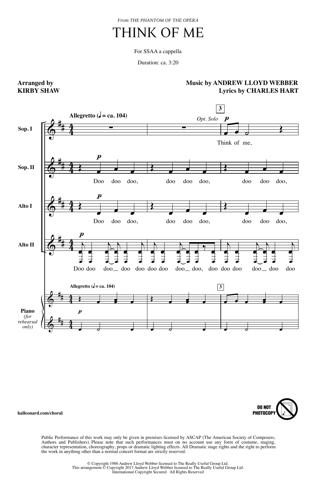 Andrew Lloyd Webber Think Of Me (from The Phantom Of The Opera) (arr. Kirby Shaw) Sheet Music