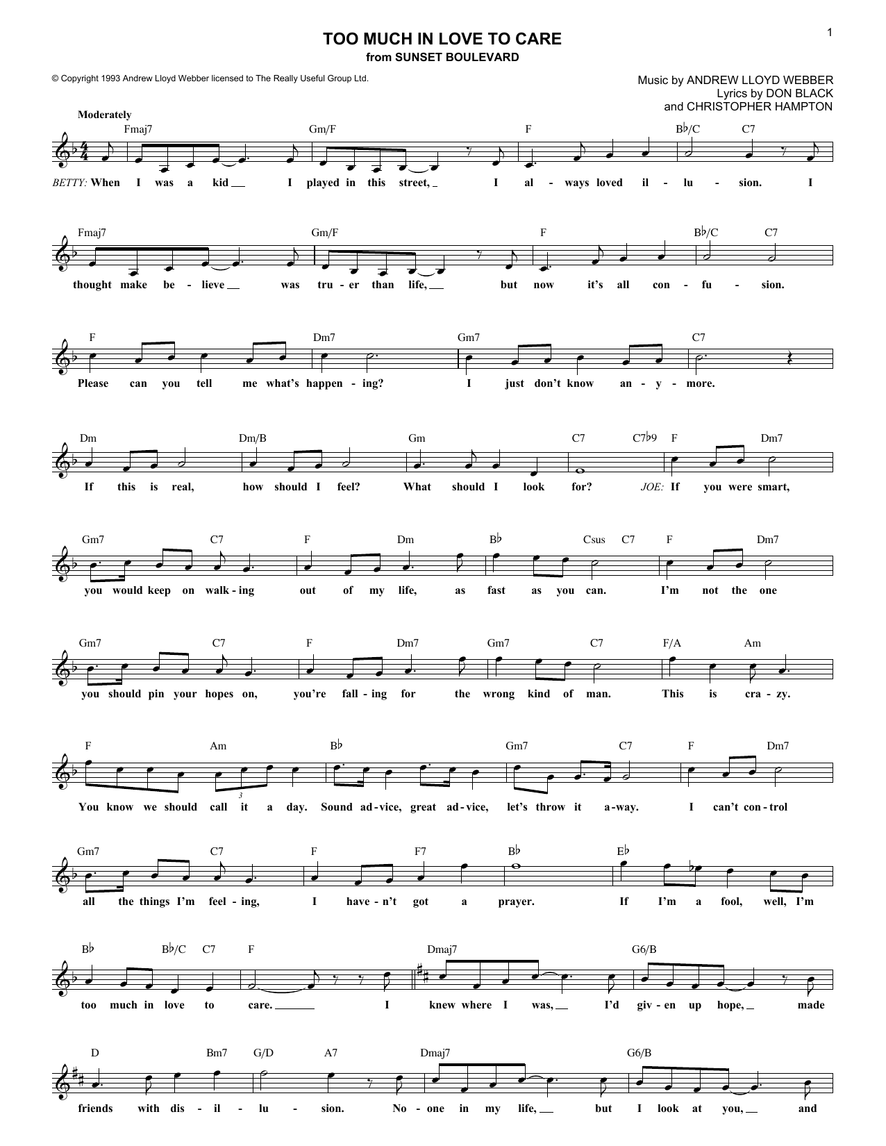 Andrew Lloyd Webber Too Much In Love To Care Sheet Music