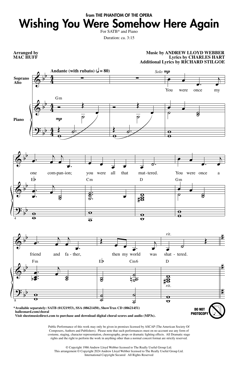 Andrew Lloyd Webber Wishing You Were Somehow Here Again (from The Phantom Of The Opera) (arr. Mac Hu Sheet Music
