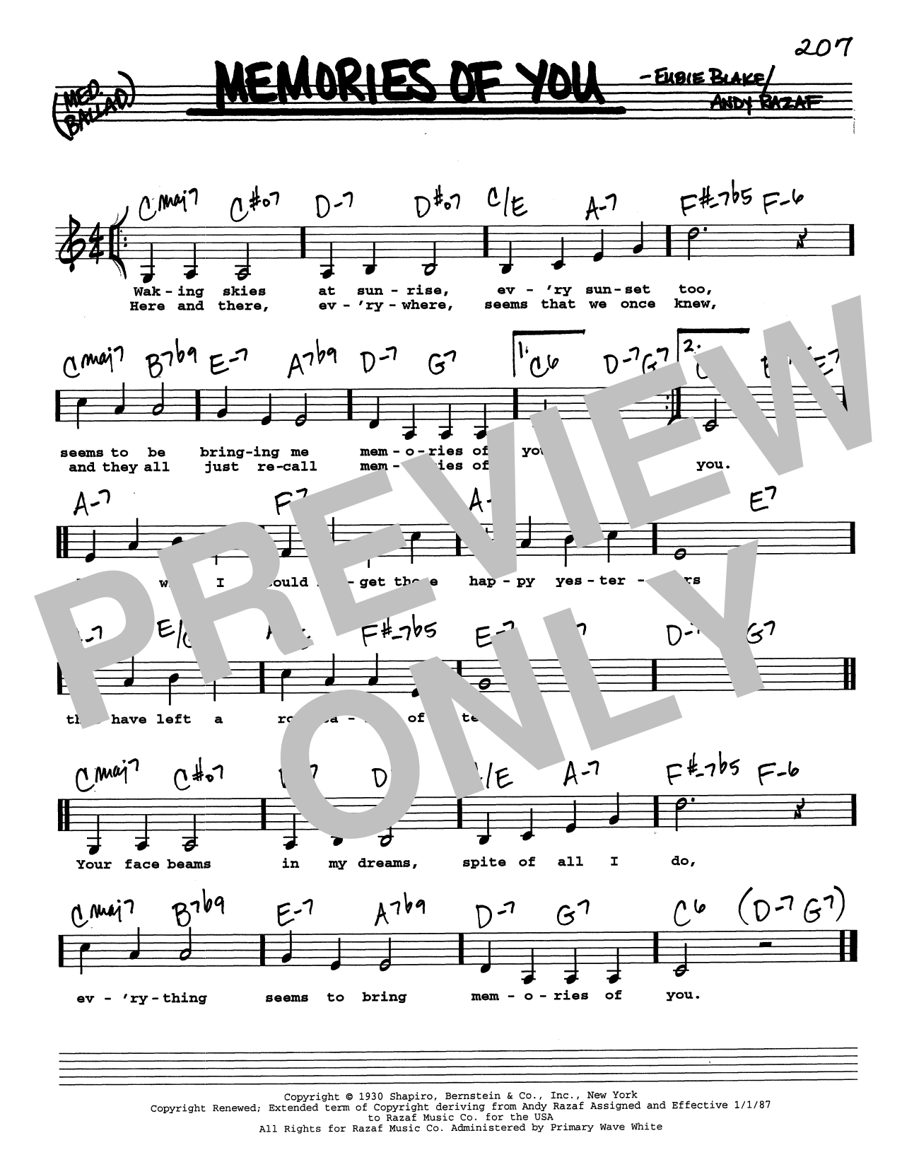 Andy Razaf Memories Of You (Low Voice) Sheet Music