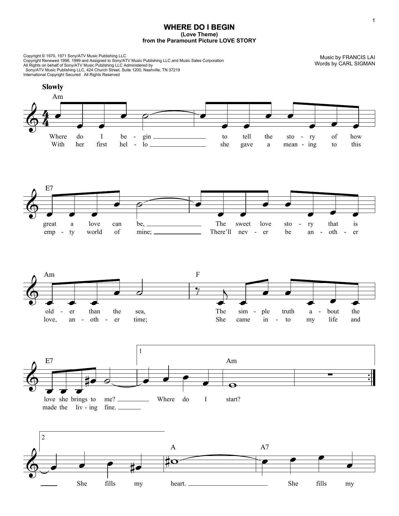 Andy Williams Where Do I Begin (Love Theme) (from Love Story) Sheet Music