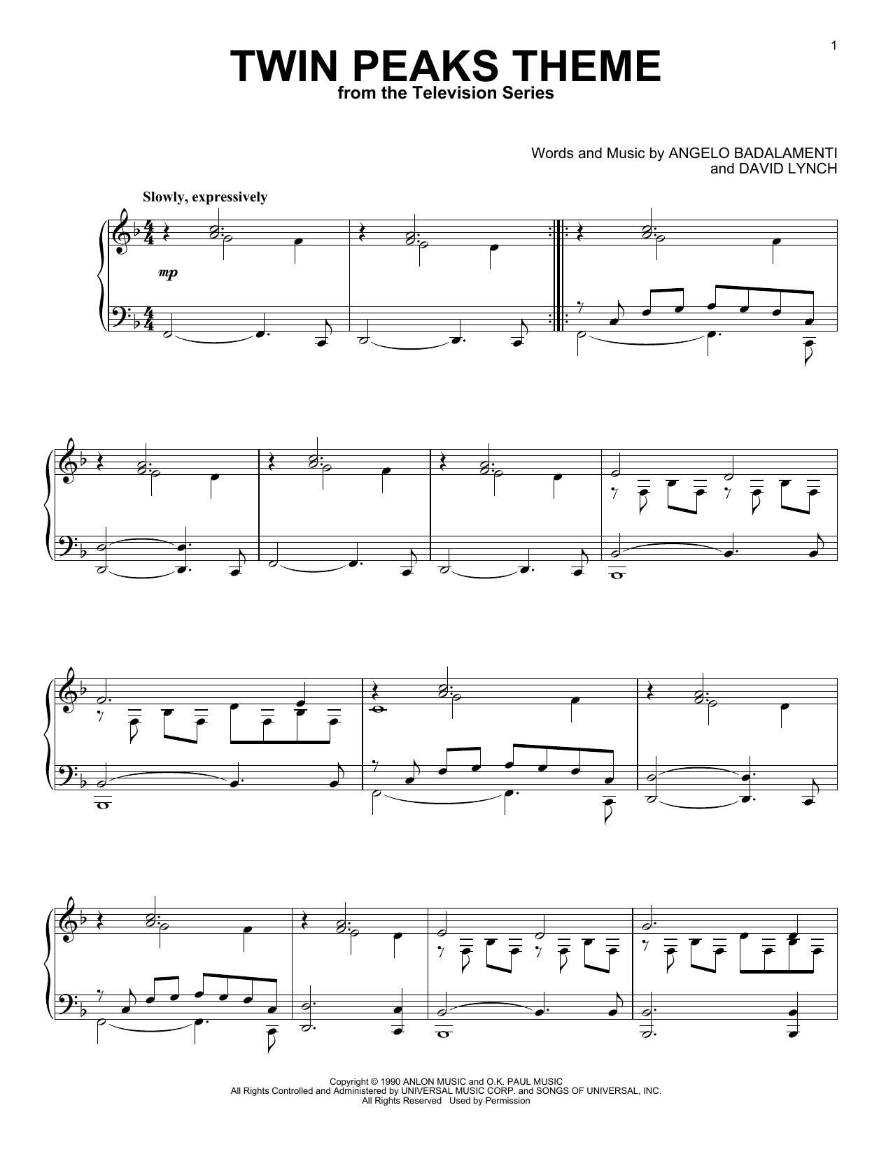 Angelo Badalamenti Twin Peaks Theme Sheet Music