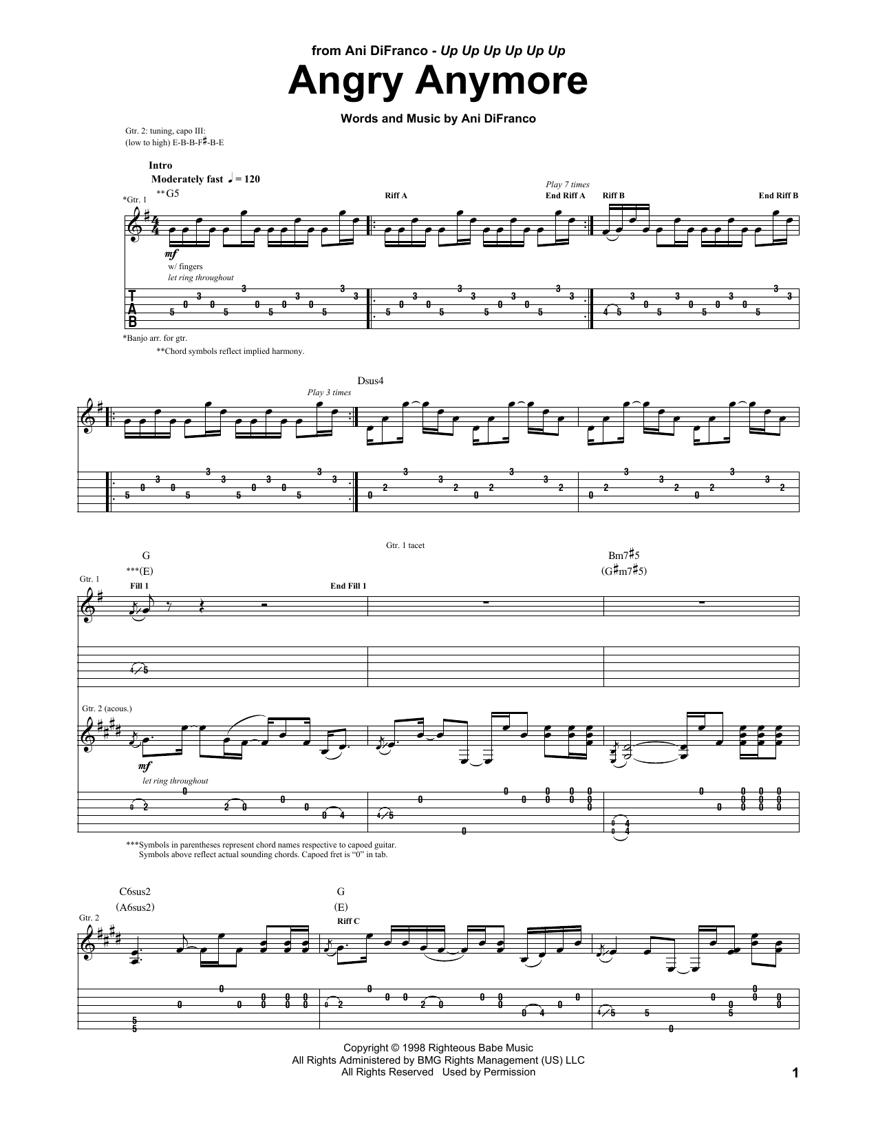 Ani DiFranco Angry Anymore Sheet Music
