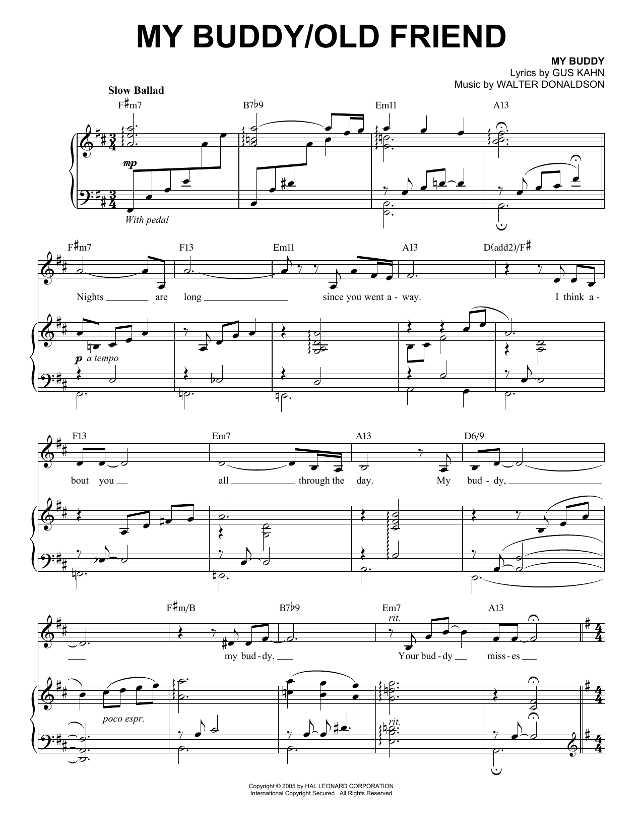 Ann Hampton Callaway My Buddy / Old Friend Sheet Music
