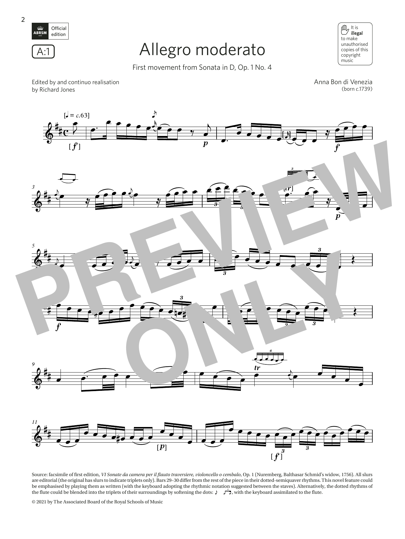 Anna Bon di Venezia Allegro moderato (from Sonata in D) (Grade 7 List A1 from the ABRSM Flute syllab Sheet Music