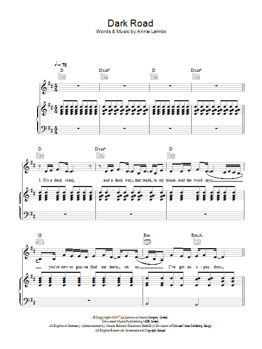 Annie Lennox Dark Road Sheet Music