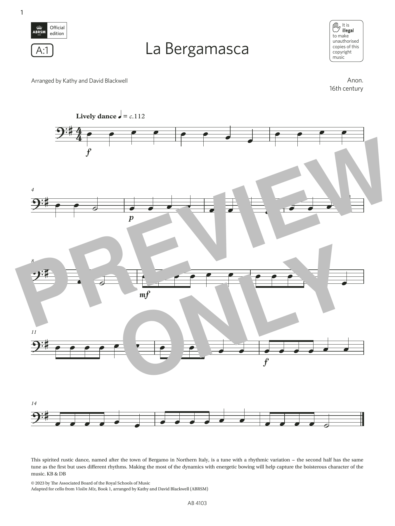 Anon. 16th century La Bergamasca (Grade Initial, A1, from the ABRSM Cello Syllabus from 2024) Sheet Music