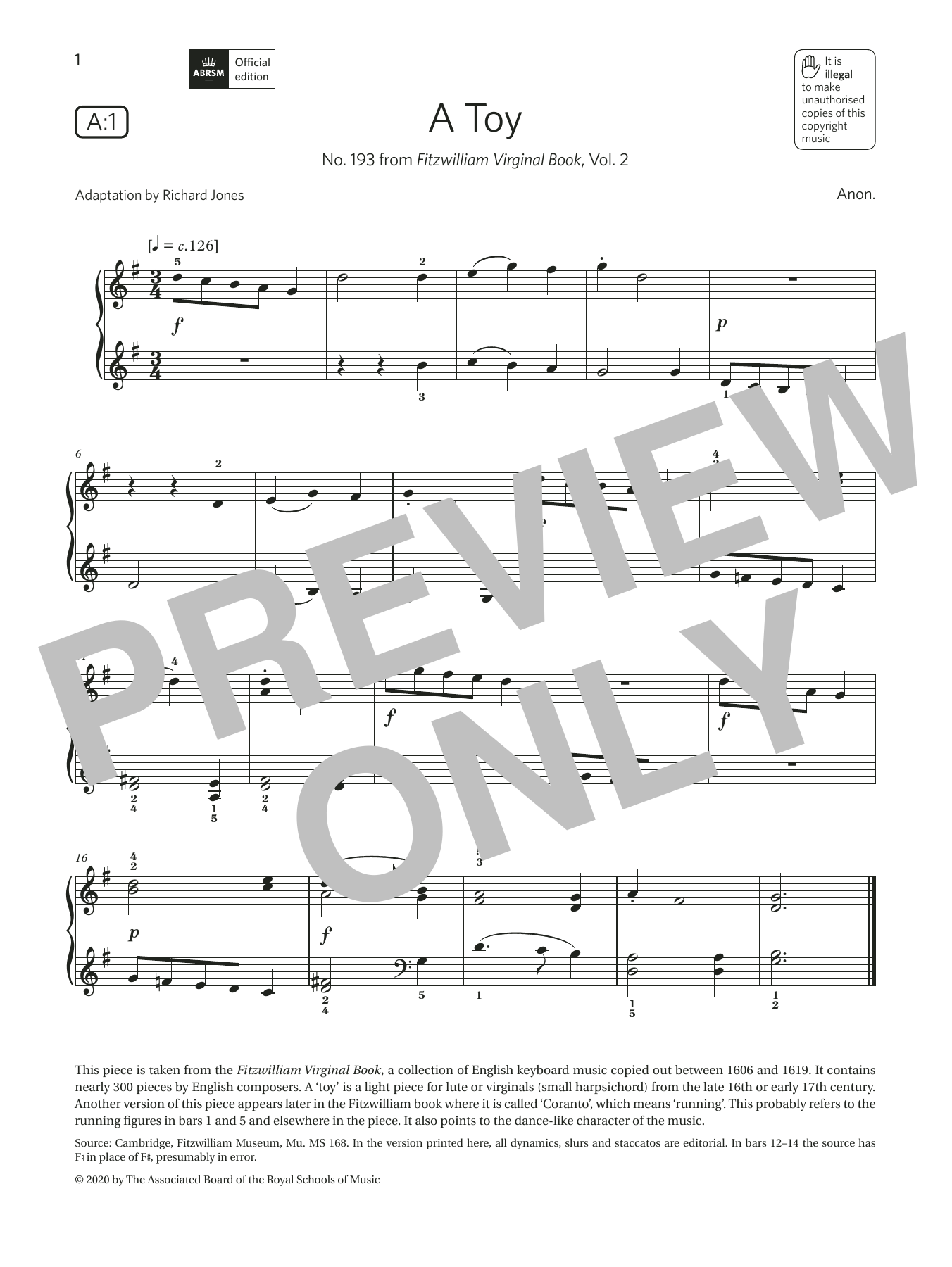Anon. A Toy (Grade 1, list A1, from the ABRSM Piano Syllabus 2021 & 2022) Sheet Music