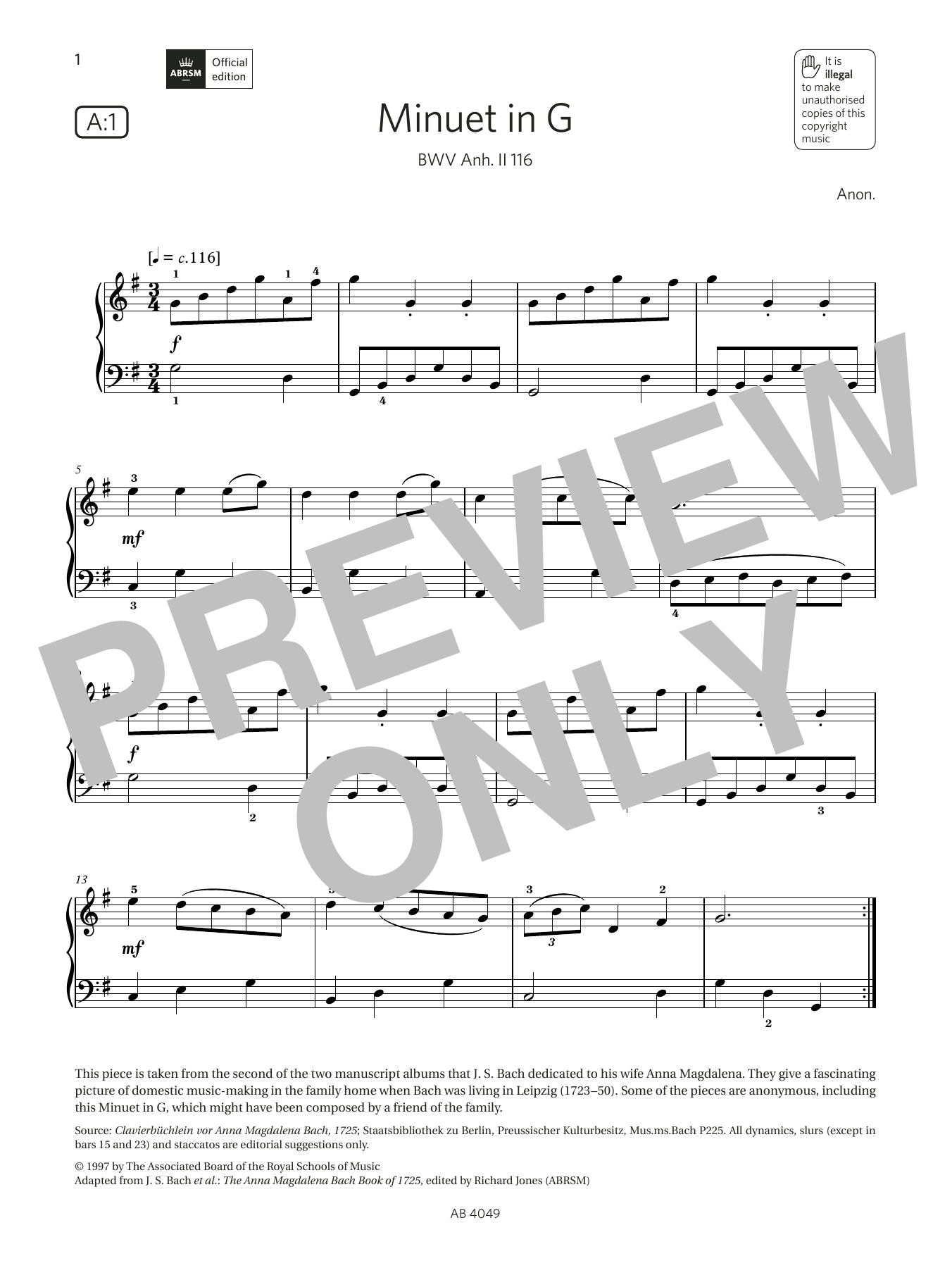 Anon Minuet in G (Grade 3, list A1, from the ABRSM Piano Syllabus 2023 & 2024) Sheet Music
