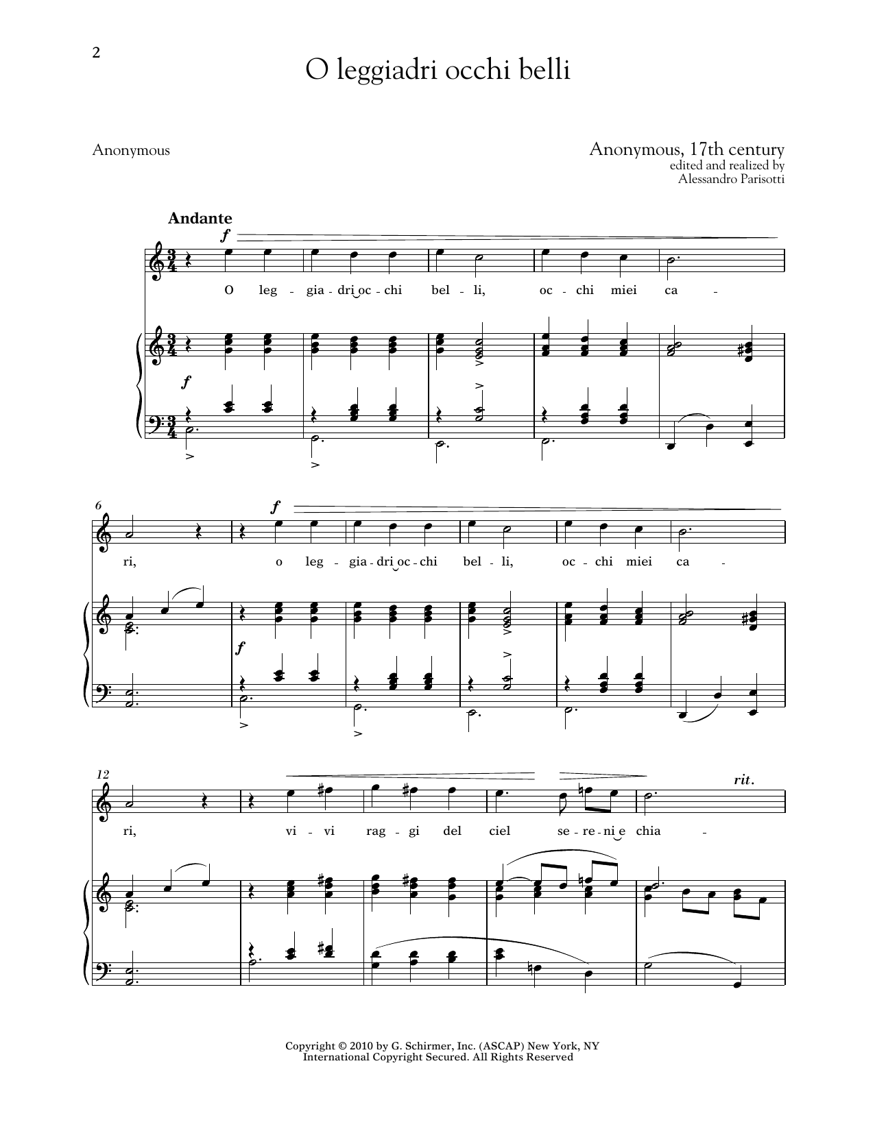 Anonymous, 17th Century O Leggiadri Occhi Belli (High Voice) Sheet Music