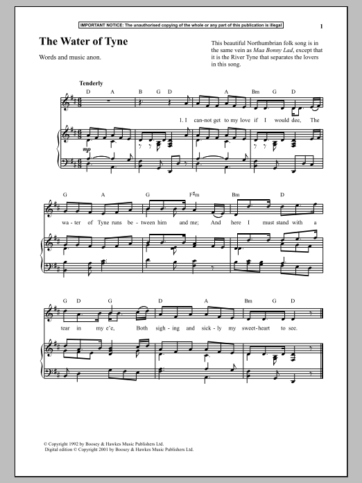 Anonymous The Water Of Tyne Sheet Music
