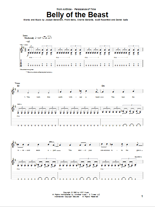 Anthrax Belly Of The Beast Sheet Music
