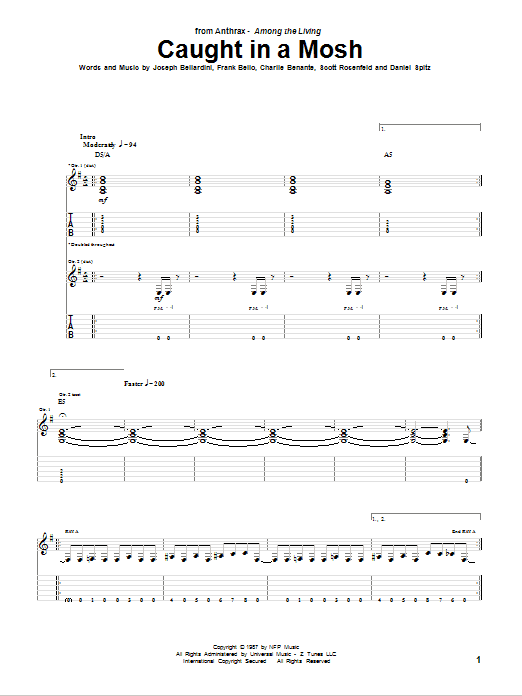 Anthrax Caught In A Mosh Sheet Music