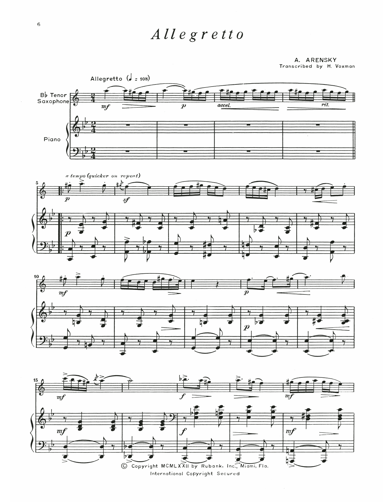 Anton Arensky Allegretto Sheet Music