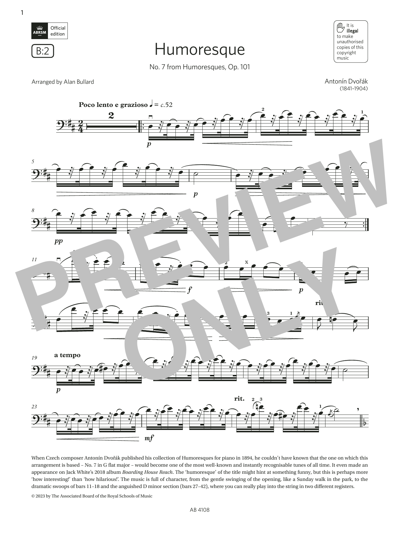 Antonín Dvořák Humoresque (Grade 5, B2, from the ABRSM Cello Syllabus from 2024) Sheet Music