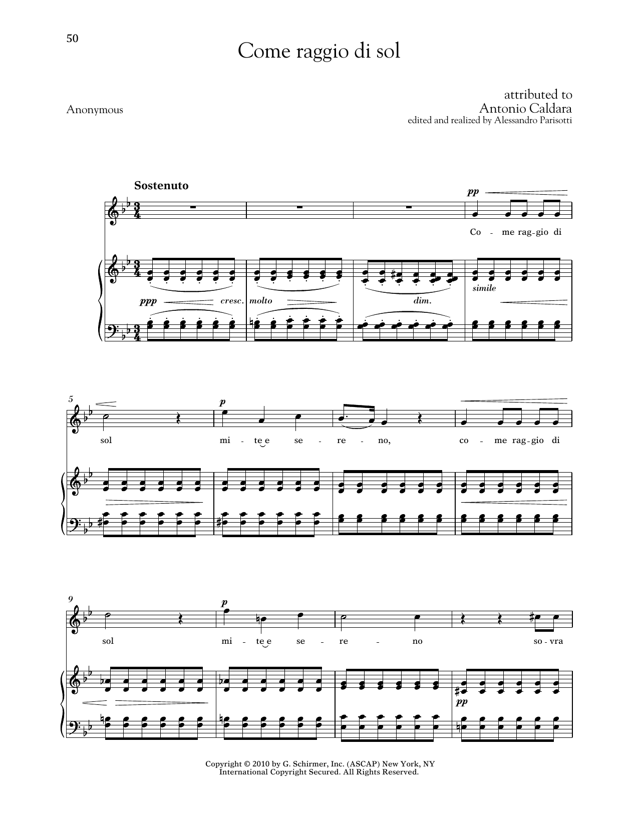 Antonio Caldara Come Raggio Di Sol (High Voice) Sheet Music