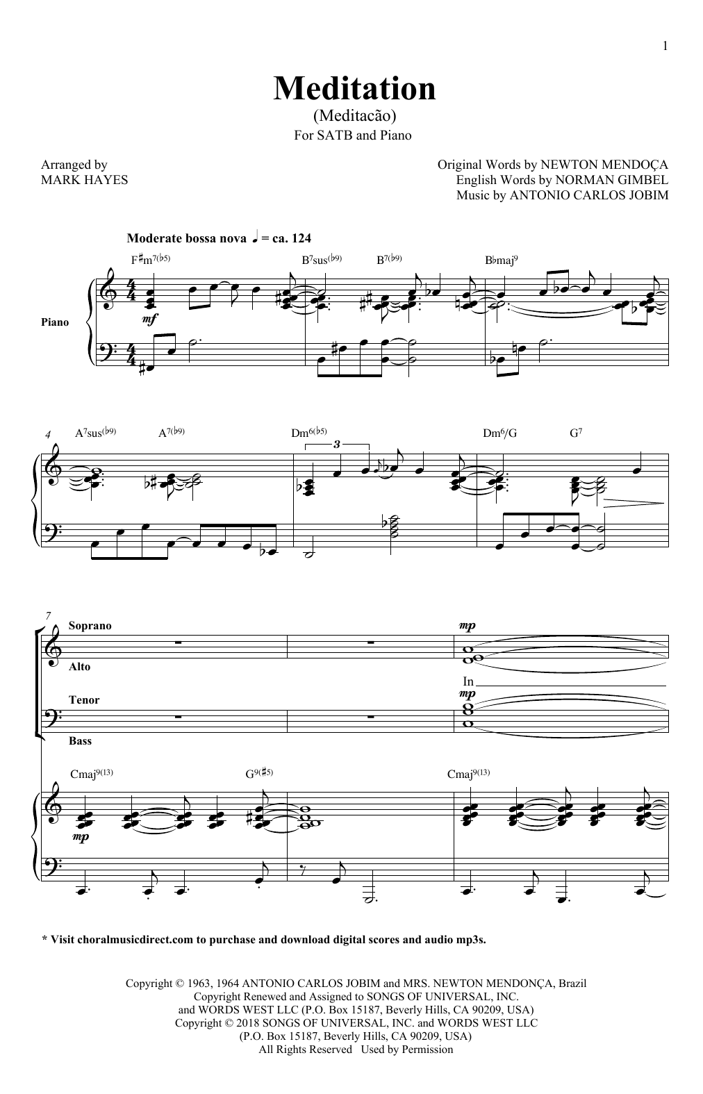 Antonio Carlos Jobim Meditation (Meditacao) (arr. Mark Hayes) Sheet Music