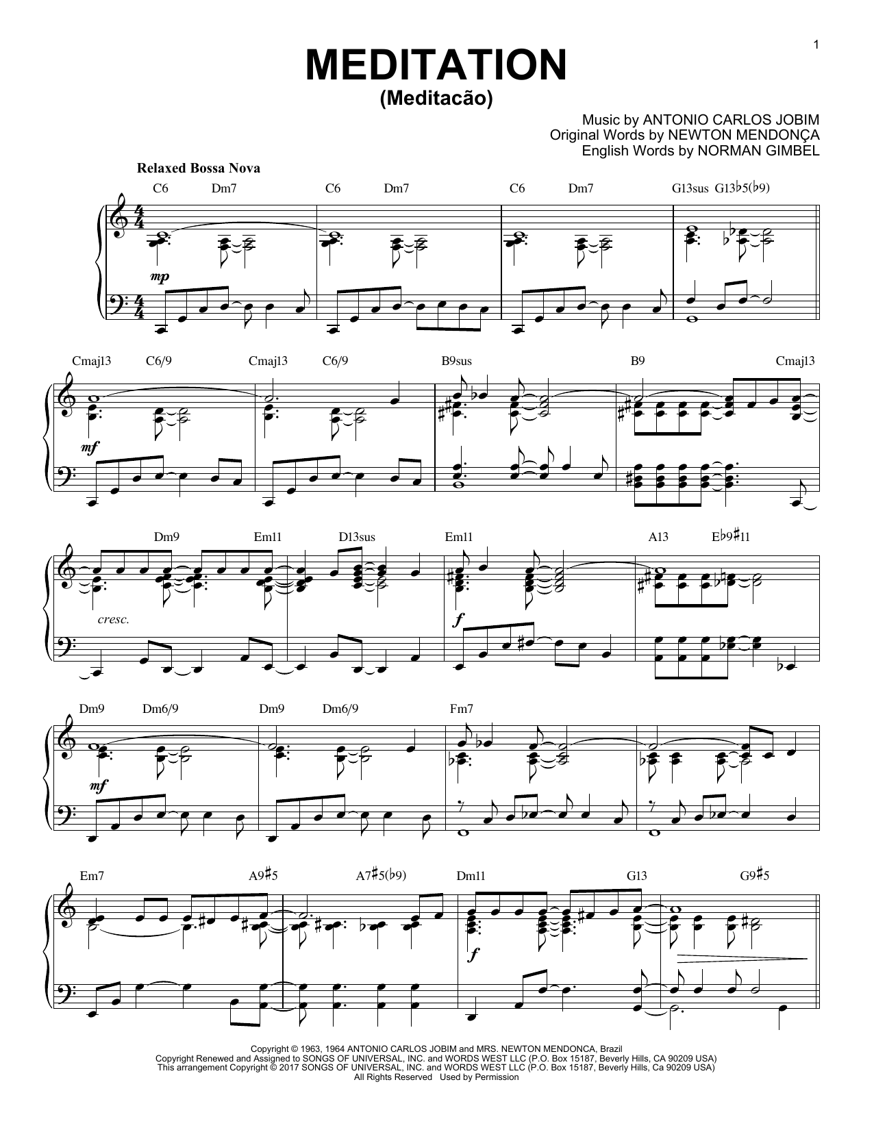 Antonio Carlos Jobim Meditation (Meditacao) [Jazz version] Sheet Music
