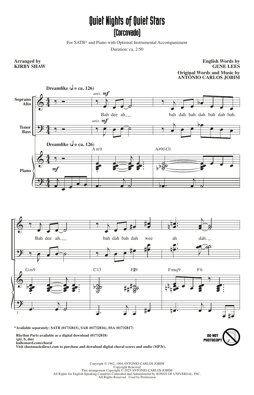 Antonio Carlos Jobim Quiet Nights Of Quiet Stars (Corcovado) (arr. Kirby Shaw) Sheet Music