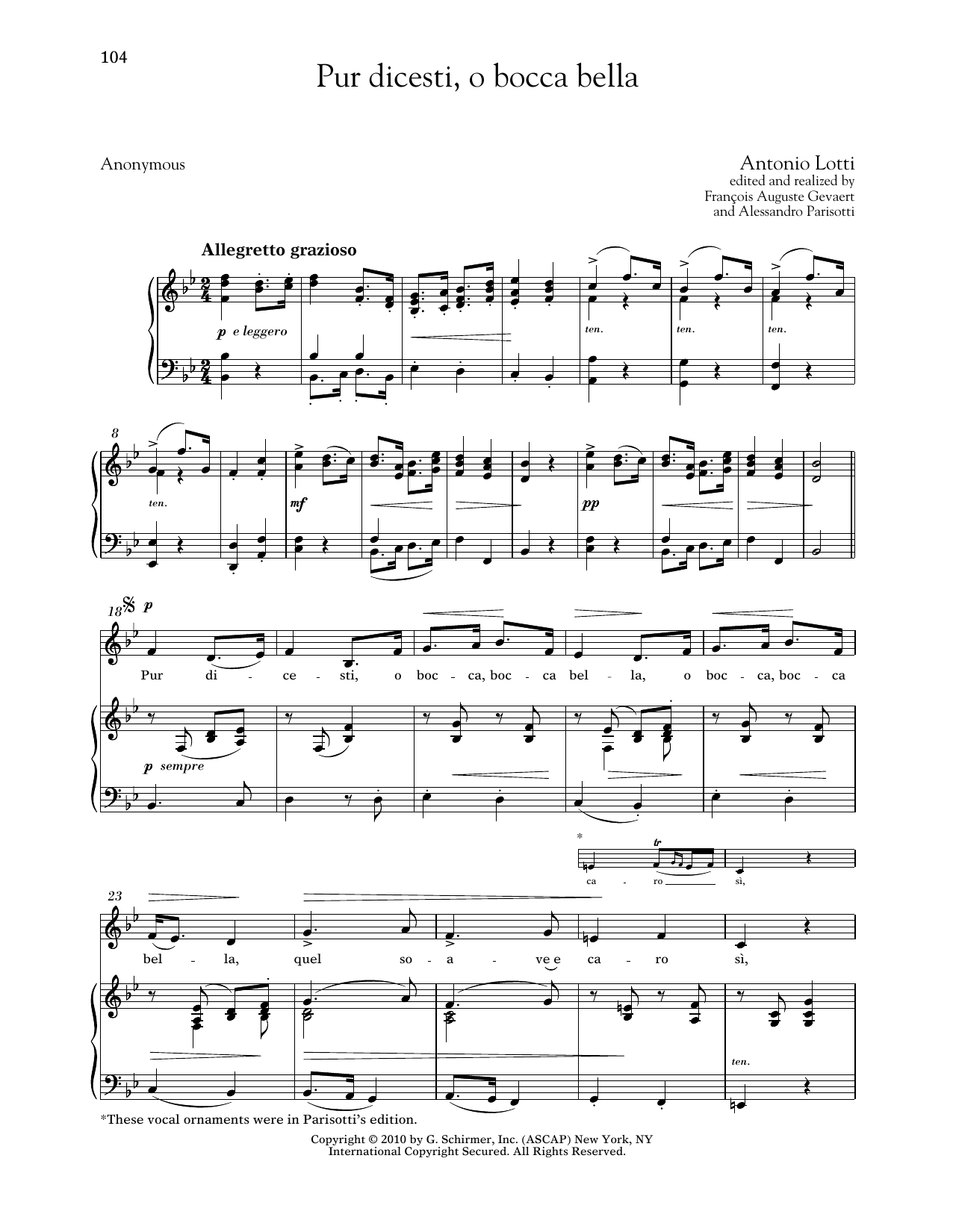 Antonio Lotti Pur Dicesti, O Bocca Bella (Low Voice) Sheet Music