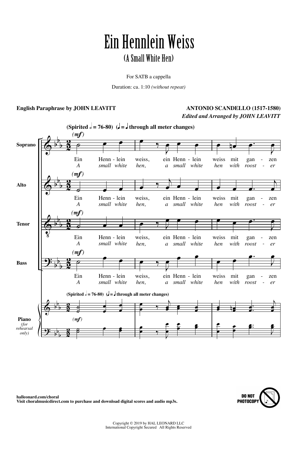 Antonio Scandello Ein Hennlein Weiss (arr. John Leavitt) Sheet Music