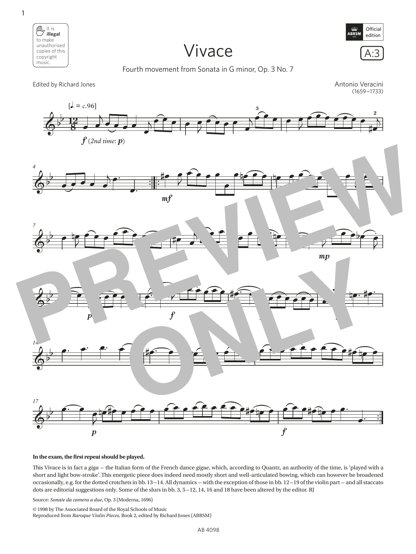 Antonio Veracini Vivace (Grade 4, A3, from the ABRSM Violin Syllabus from 2024) Sheet Music
