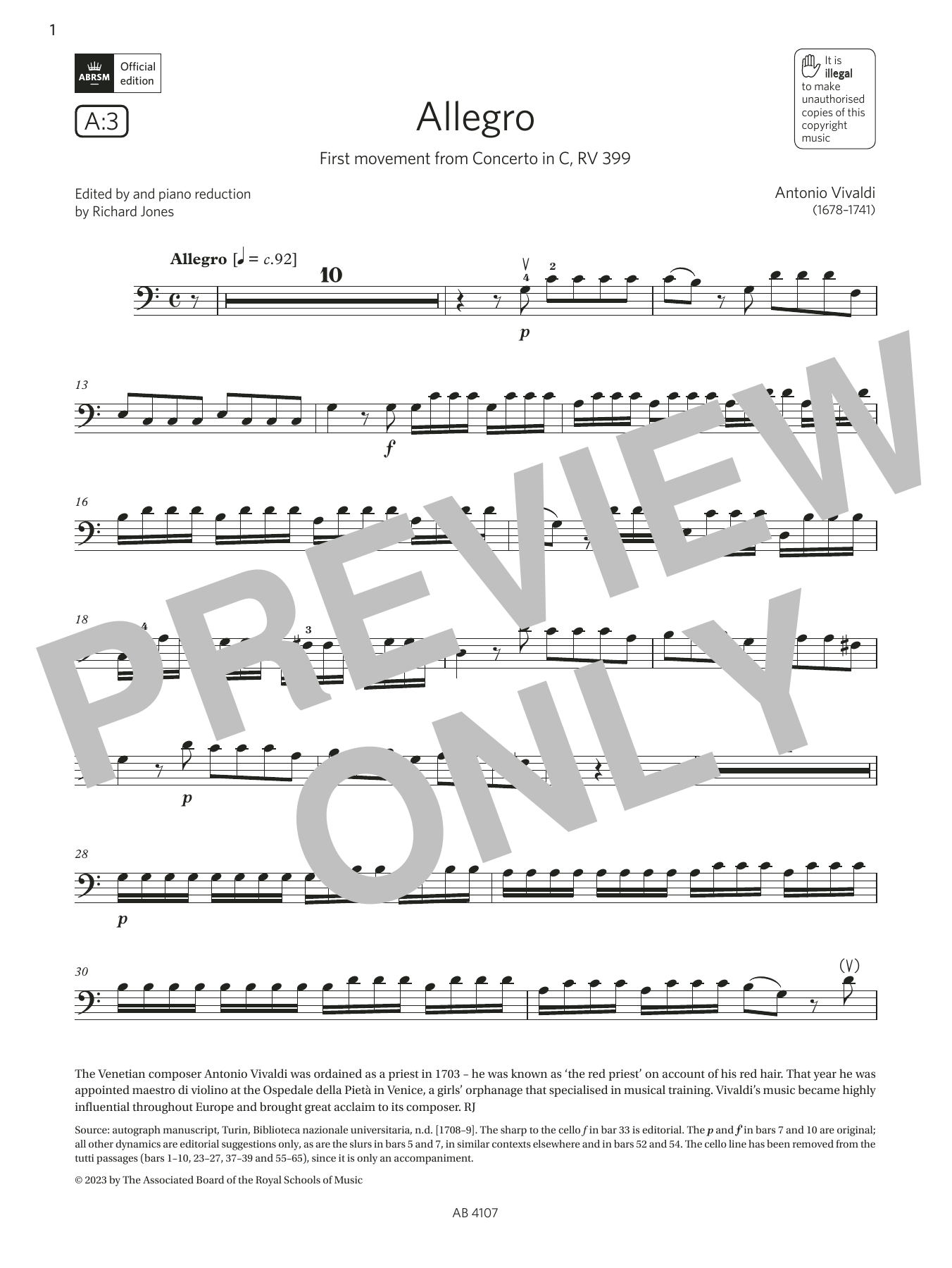 Antonio Vivaldi Allegro (Grade 4, A3, from the ABRSM Cello Syllabus from 2024) Sheet Music