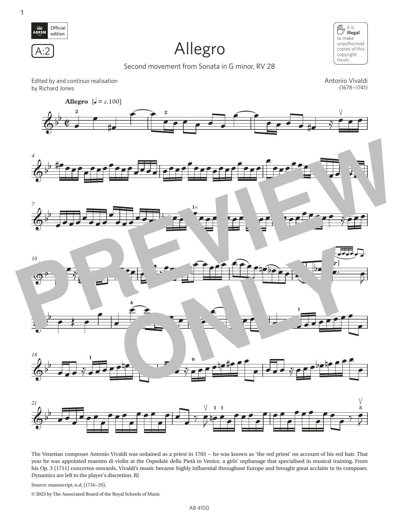 Antonio Vivaldi Allegro (Grade 6, A2, from the ABRSM Violin Syllabus from 2024) Sheet Music