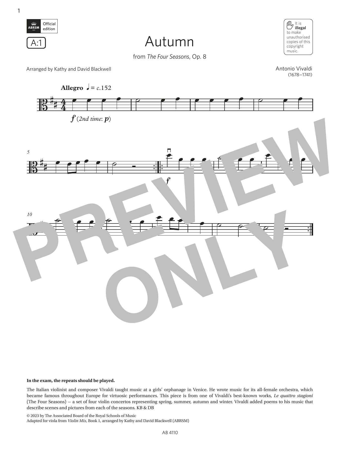 Antonio Vivaldi Autumn (Grade Initial, A1, from the ABRSM Viola Syllabus from 2024) Sheet Music