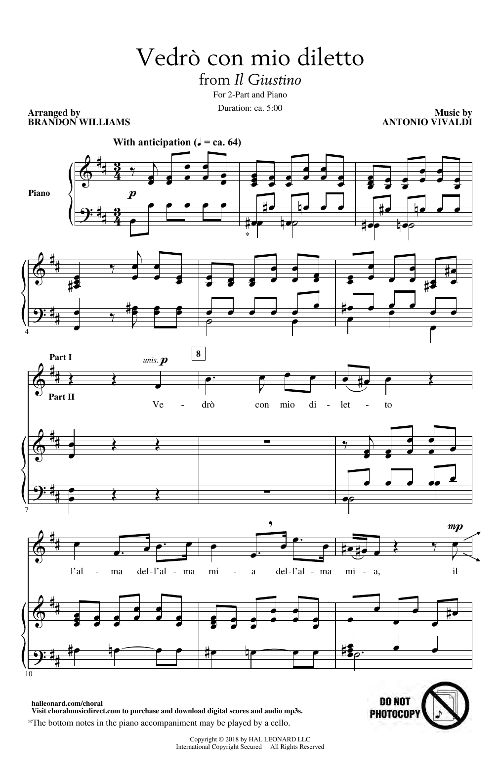 Antonio Vivaldi Vedro Con Mio Diletto (arr. Brandon Williams) Sheet Music