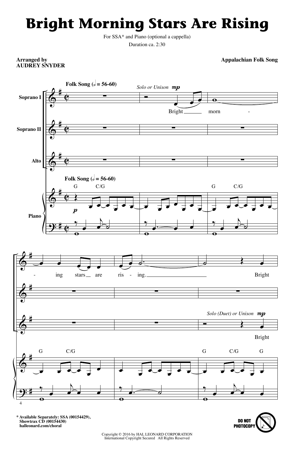 Appalachian Folk Song Bright Morning Stars Are Rising (arr. Audrey Snyder) Sheet Music