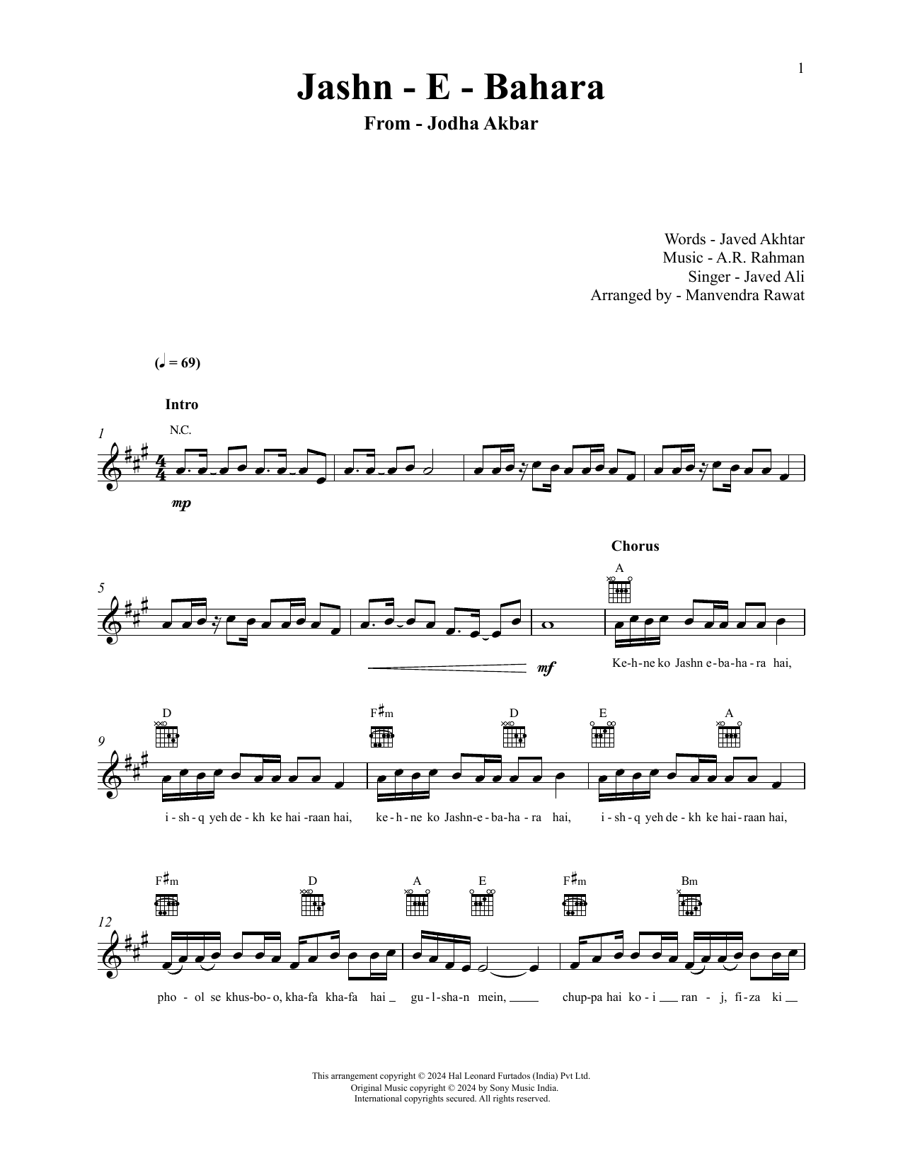 A.R. Rahman and Javed Ali Jashn-E-Bahaaraa (from Jodhaa Akbar) Sheet Music