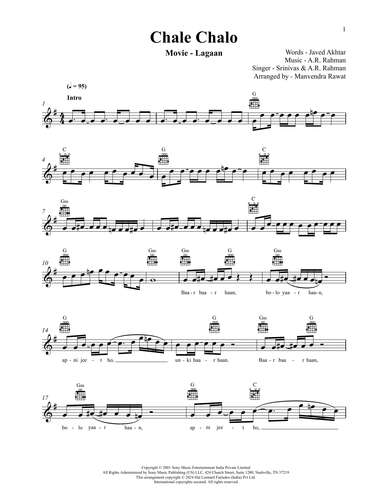 A.R. Rahman and Srinivas Chale Chalo (from Lagaan) Sheet Music