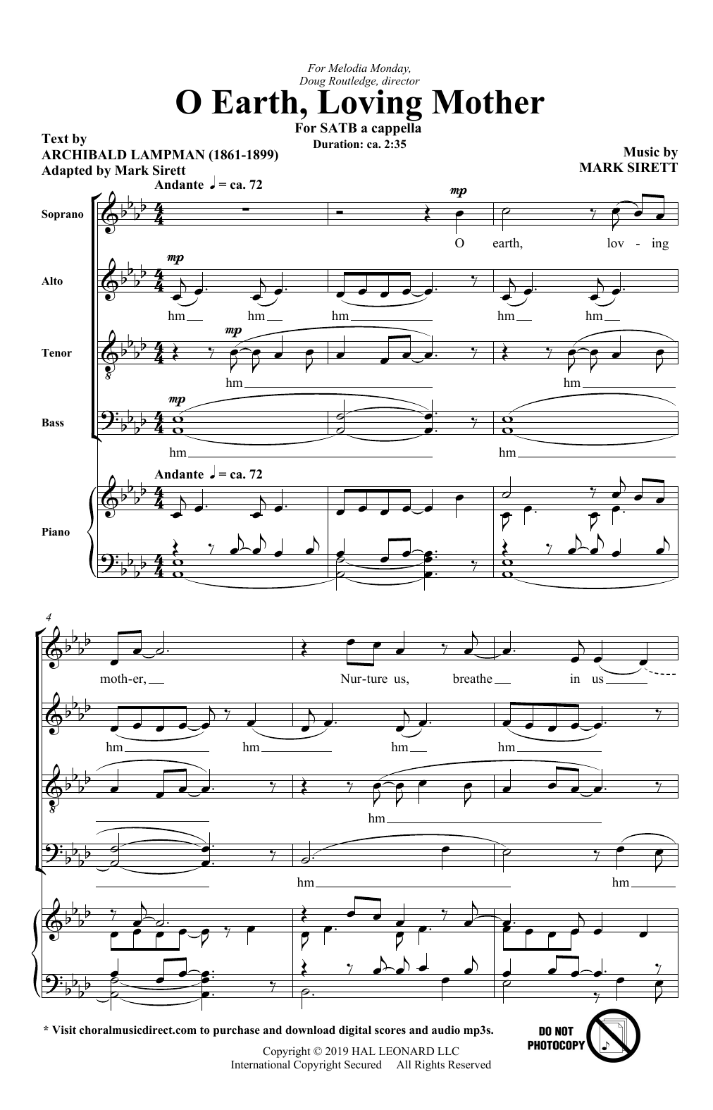 Archibald Lampman and Mark Sirett O Earth, Loving Mother Sheet Music