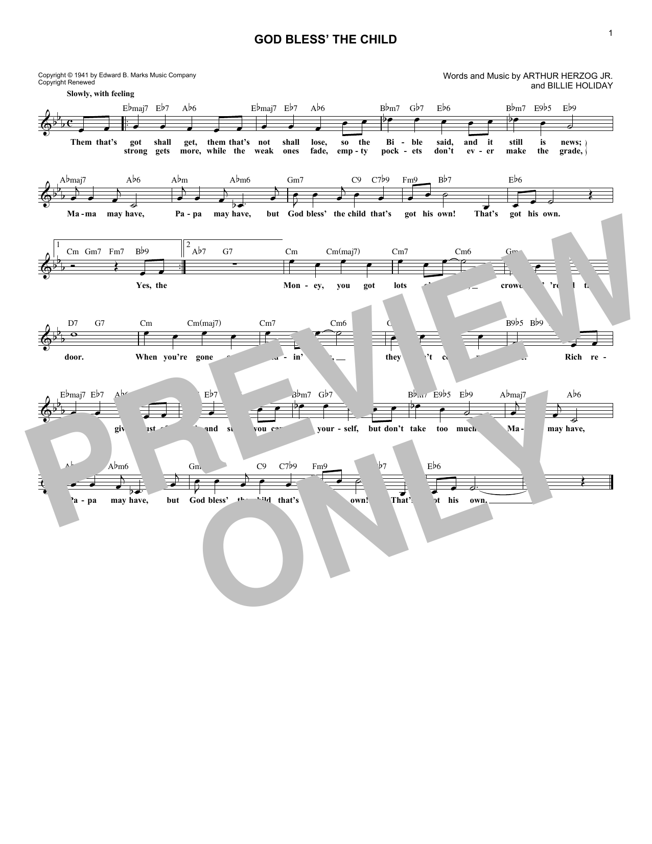Arthur Herzog Jr. God Bless' The Child Sheet Music