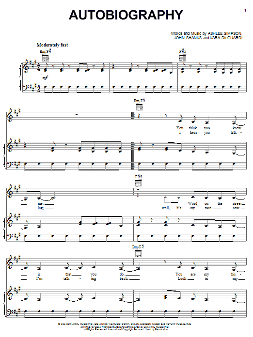 Ashlee Simpson Autobiography Sheet Music
