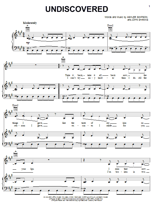 Ashlee Simpson Undiscovered Sheet Music