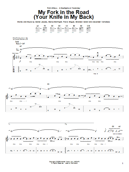 Atreyu My Fork In The Road (Your Knife In My Back) Sheet Music