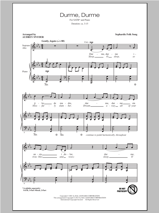 Audrey Snyder Durme, Durme Sheet Music