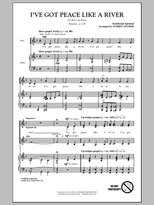 Audrey Snyder I've Got Peace Like A River Sheet Music