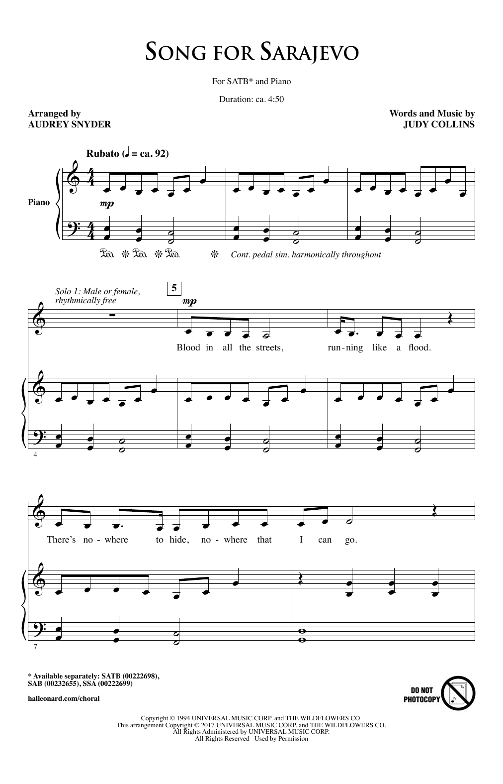 Audrey Snyder Song For Sarajevo Sheet Music