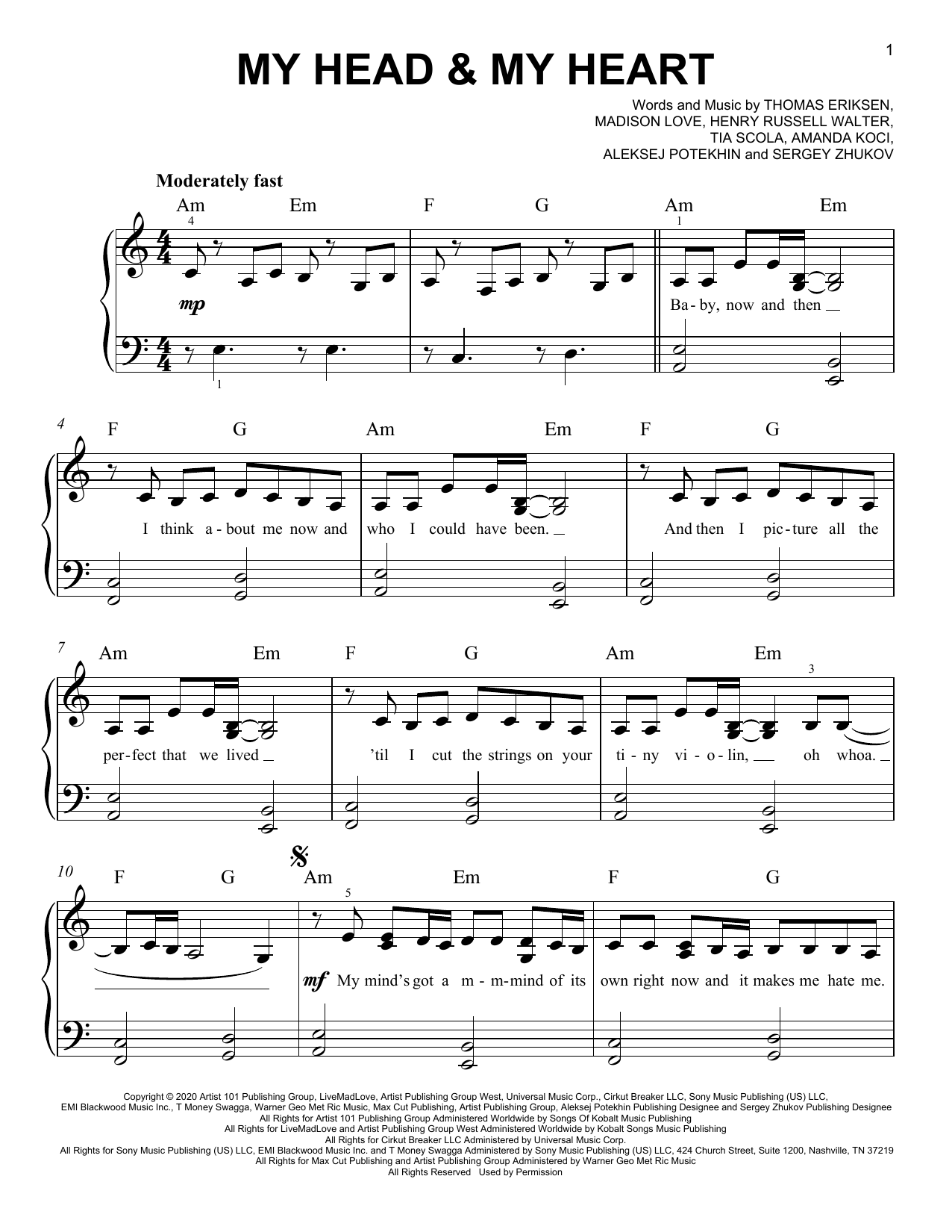 Ava Max My Head & My Heart Sheet Music