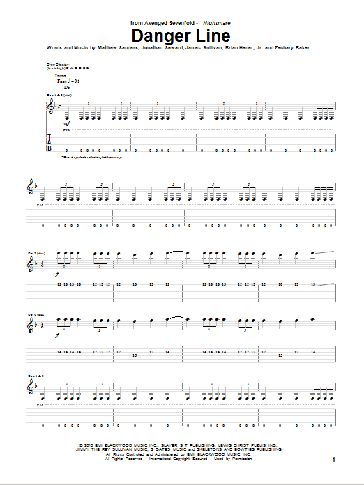 Avenged Sevenfold Danger Line Sheet Music