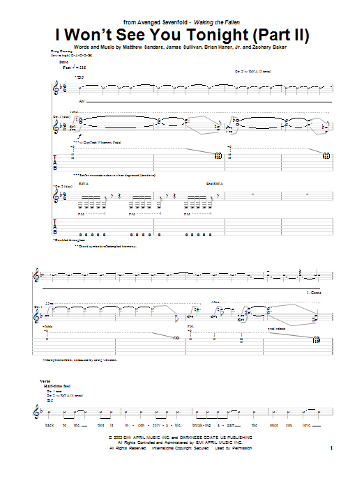 Avenged Sevenfold I Won't See You Tonight (Part II) Sheet Music