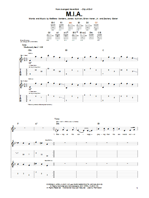 Avenged Sevenfold M.I.A. Sheet Music