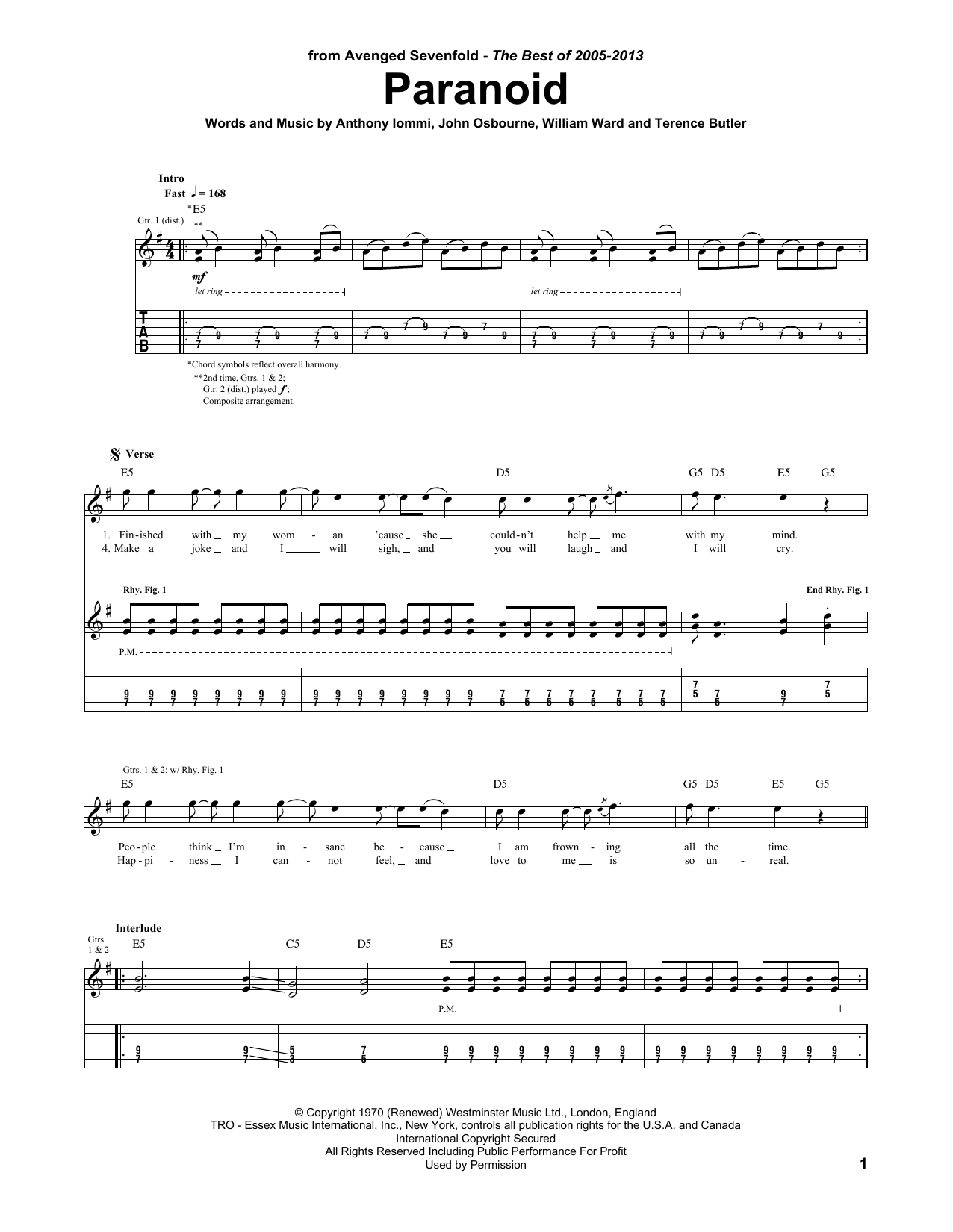 Avenged Sevenfold Paranoid Sheet Music