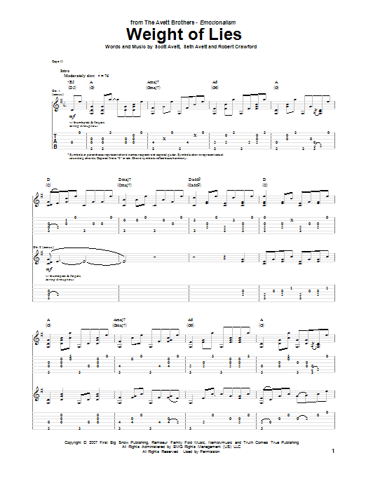 Avett Brothers Weight Of Lies Sheet Music