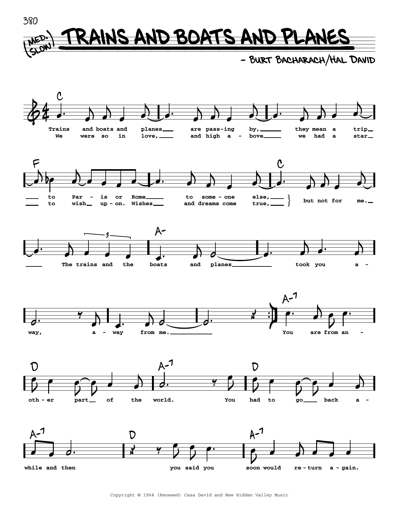 Bacharach & David Trains And Boats And Planes (High Voice) Sheet Music