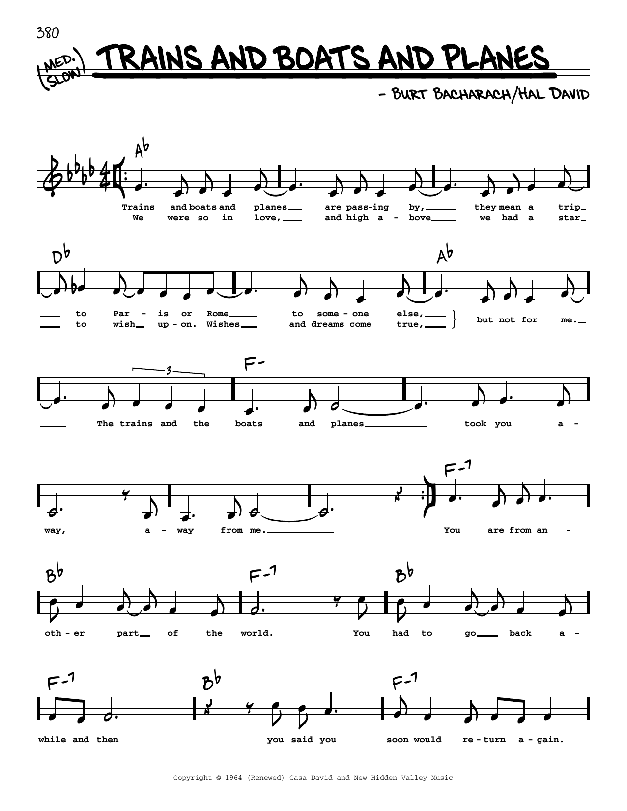 Bacharach & David Trains And Boats And Planes (Low Voice) Sheet Music
