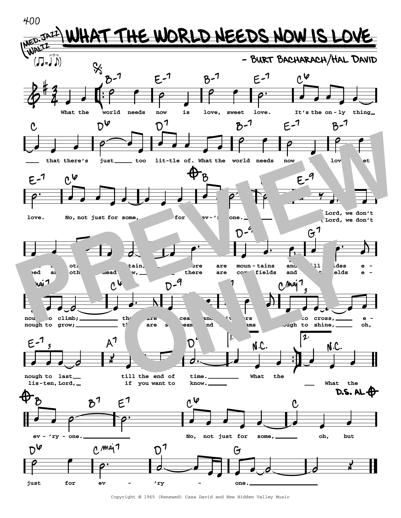 Bacharach & David What The World Needs Now Is Love (High Voice) Sheet Music